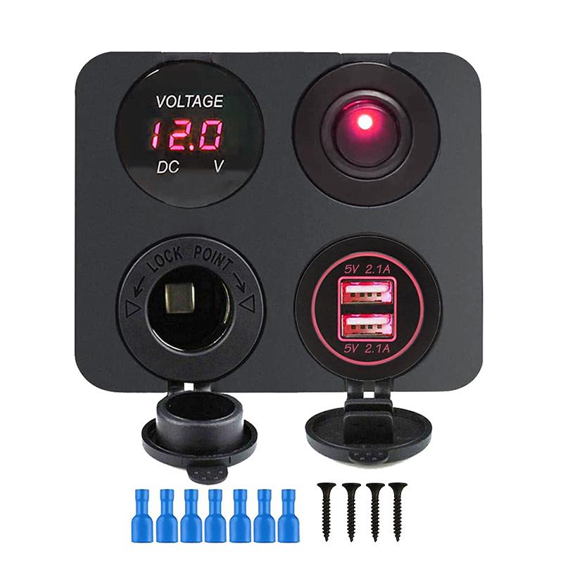 

12 В USB-разъем для панели 4 в 1 с двумя USB-зарядными устройствами с клавишным переключателем Автомобильная розетка Цифровой вольтметр для автомобиля, лодки, грузовика, автофургона красный