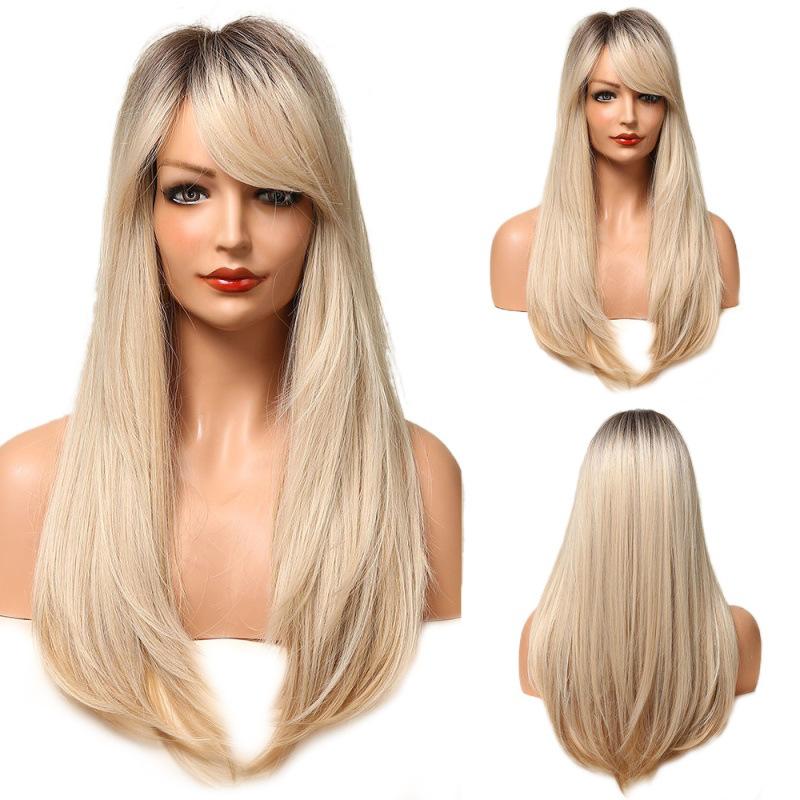 European and American Style Women's Straight Wig with Curtain Bangs Ladies Synthetic Fiber Gradient Black To Blonde Curled Ends Wigs