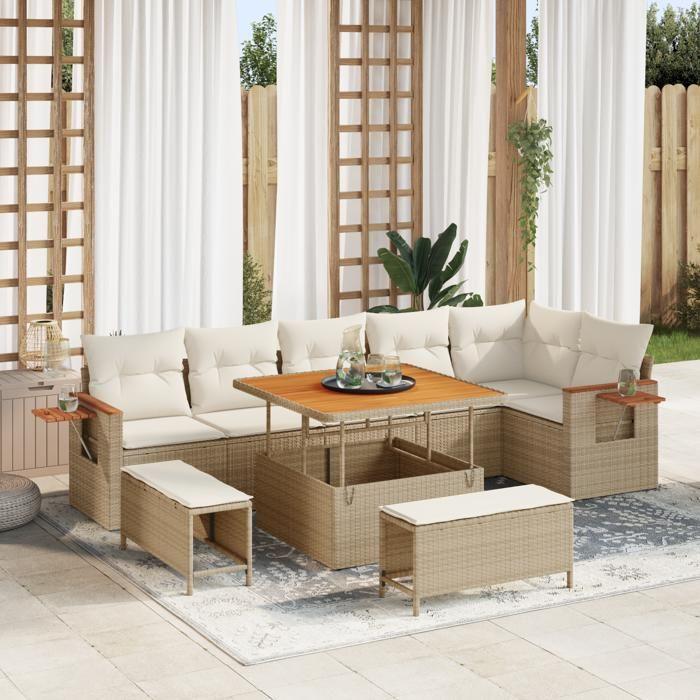 Ensemble de Canapé de Jardin 9 Pièces avec Coussins Beige Rattan Acacia, Ensemble de Salle à Manger de Jardin 3 Pièces 3363186
