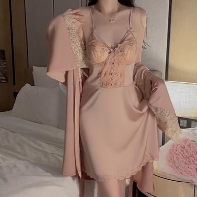 Set pigiama da donna autunnale in raso con pizzo ricamato, pigiama con imbottiture per il seno, pigiama casual sexy da donna