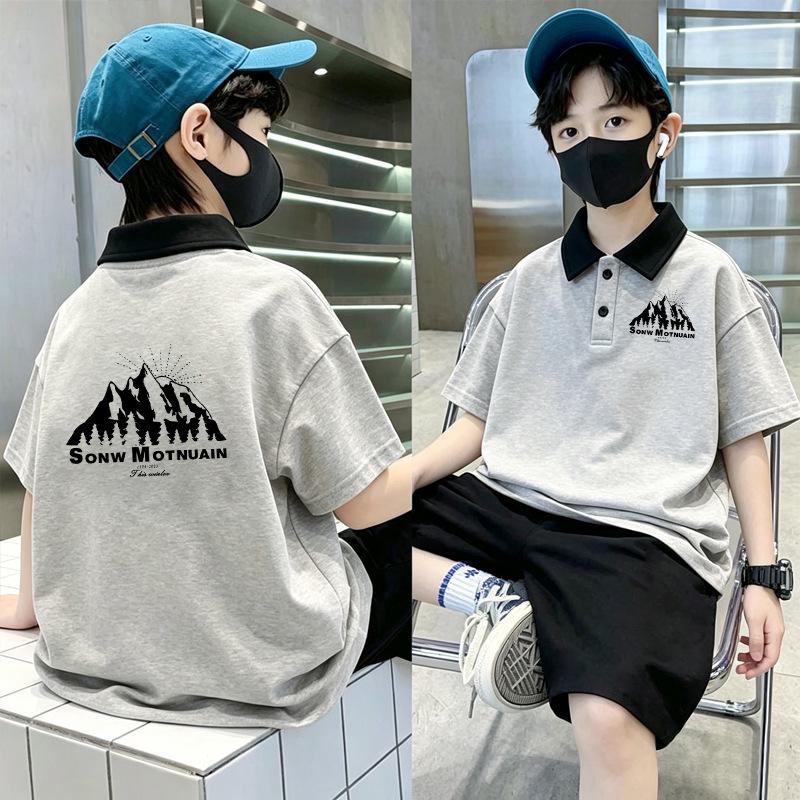 Korean Boys' Cotton Lapel Short Sleeve Summer T-shirt Set, Size 6-12, Color Block Polo.