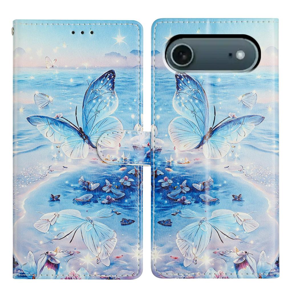 Für iPhone 17 Air Hülle Musterdruck Brieftasche Ständer Klappbar Leder Handyhülle mit Riemen