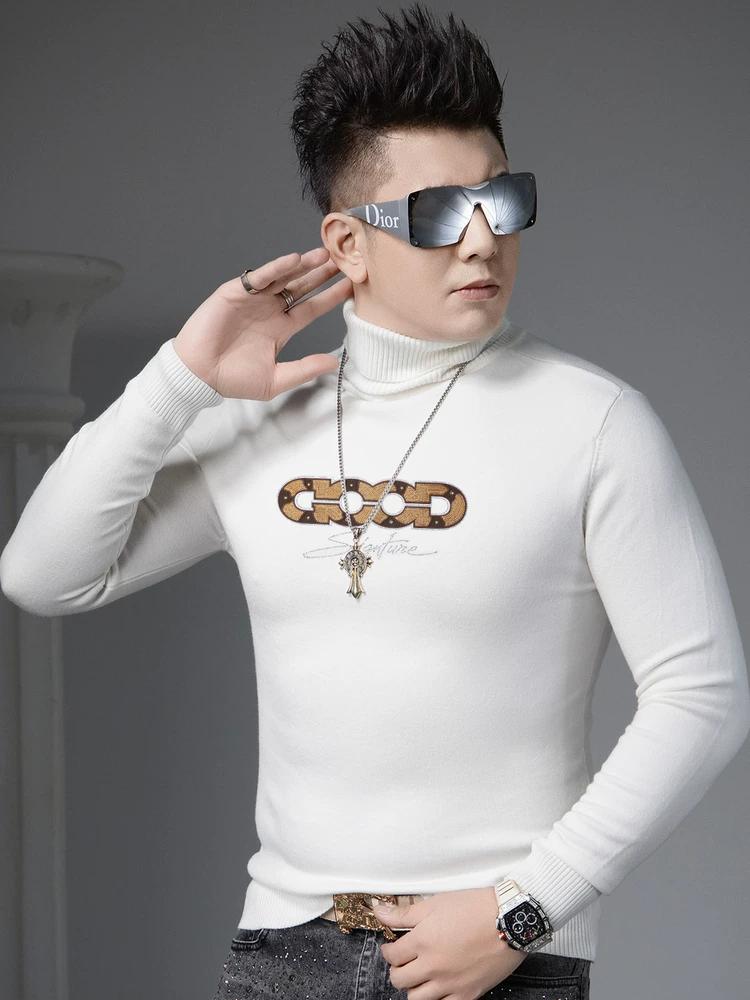 Ozhouzhan Autumn and Winter Turtleneck sweater Men's Trendy Print Warm Sweater Casual Inner wear Knitted Bottoming Shirt