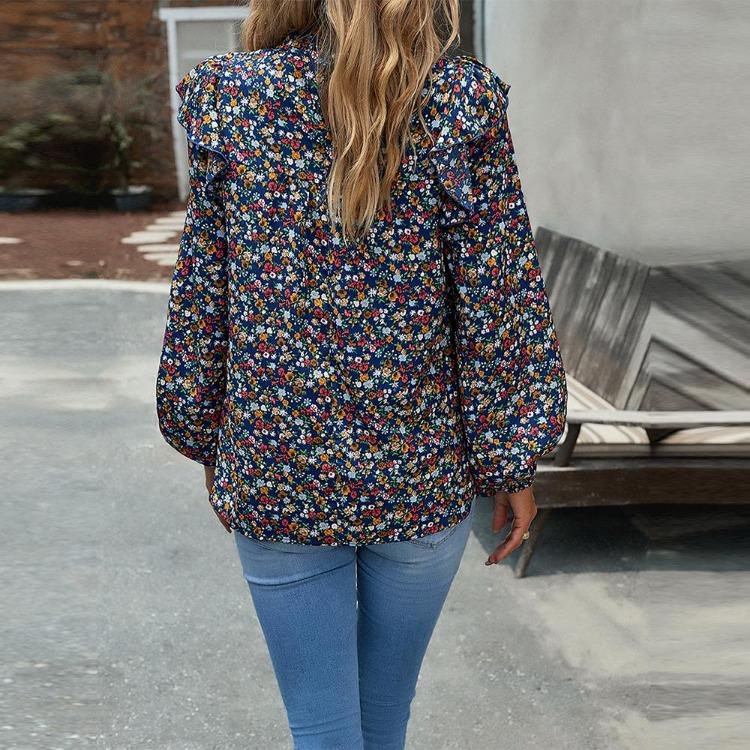 Chic Women Autumn O Neck Printed Flying Sleeve Pleated Blouse Commuter Fragmented Temperament Shirt