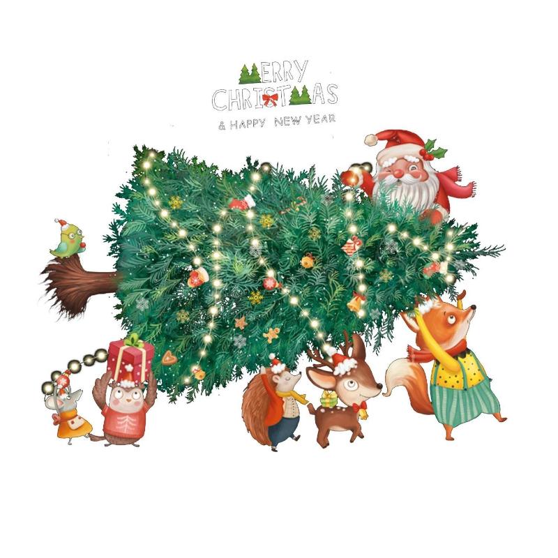 Cartoon Christmas Tree Window Display Glass Decoration Stickers Home Party Holiday Removable Self-adhesive Static Wall Sticker