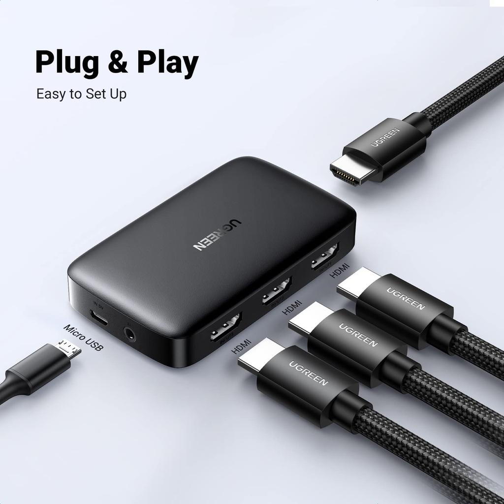 UGREEN HDMI Switch/Selector, 3 Inputs/1 Output, with Remote Control, 4K HDR CEC 3D Compatible, Applicable To PS5, PS4, PS3, WiiU, Xbox, TV Stick, Blu-