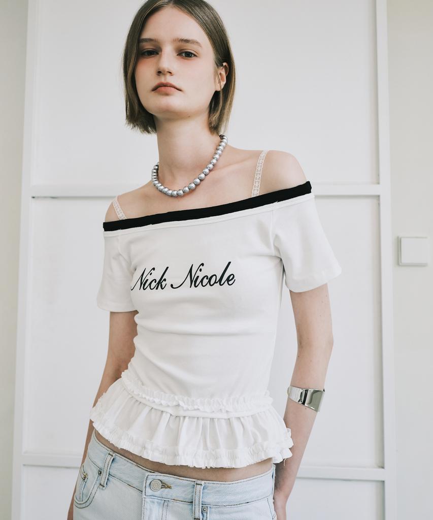 Nigaennikol Off-Shoulder Frill Crop Top_White