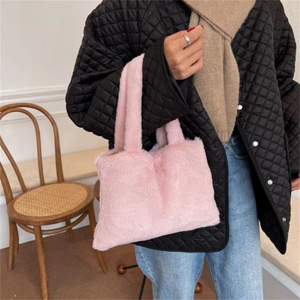Plush Shoulder Bag Cute Hand Bag Solid Color Tote Bag  Autumn Winter