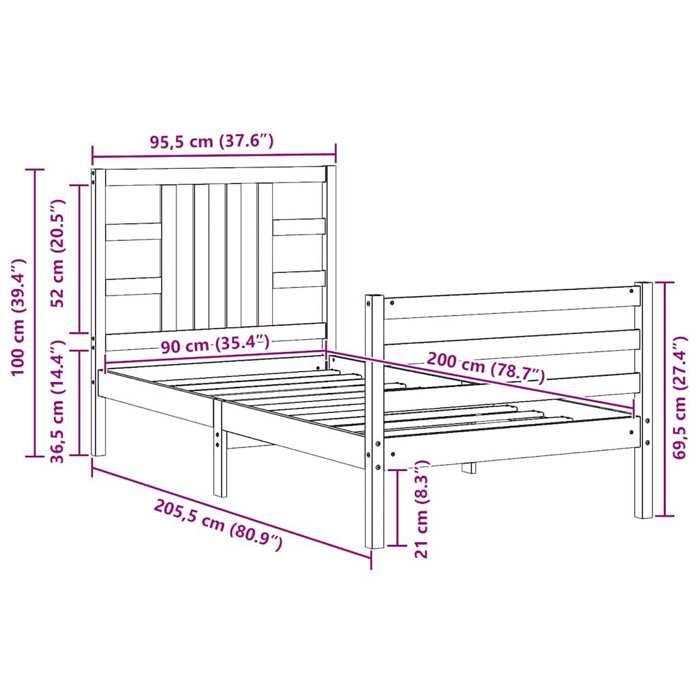 VidaXL Cadre de lit avec tête de lit 90x200 cm bois massif 3193906