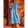 Damen Böhmisches Leinen Midi Kaftan Kleid V-Ausschnitt Stickerei Kurzarm Locker Lässig Strand Überwurf Kleid Mit Taschen