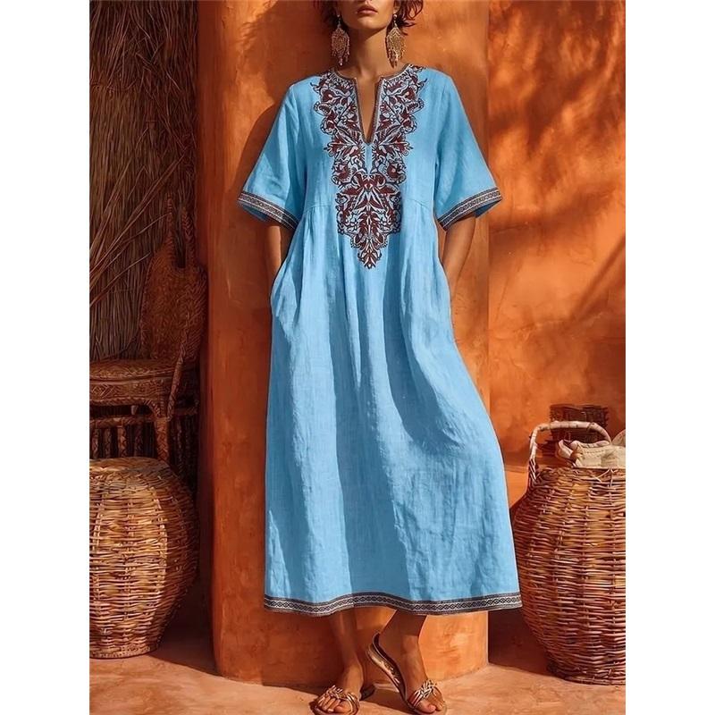 Damen Böhmisches Leinen Midi Kaftan Kleid V-Ausschnitt Stickerei Kurzarm Locker Lässig Strand Überwurf Kleid Mit Taschen