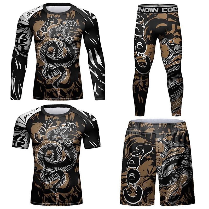 Set Base Layer Sportivo a Compressione da Uomo - Top a Manica Lunga Stampato Traspirante Elasticizzato Pantaloni Corsa Palestra Ciclismo Escursionismo