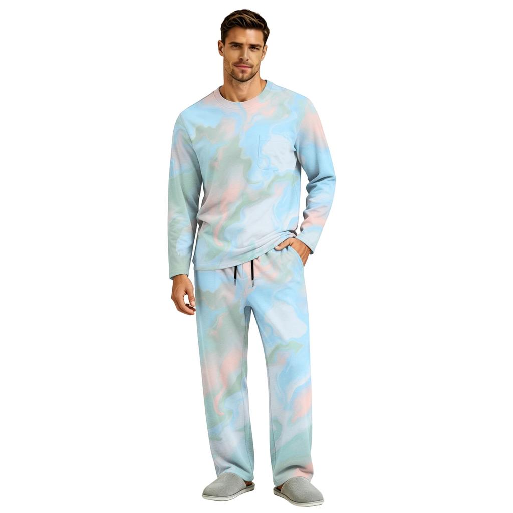 Men's Pajama Set Long Sleeve Top and Pants with Button Fly and Elastic Drawstring Waist