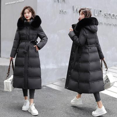Women Winter Hooded Faux Fur Collar Big Pocket X-Long Belted Coat Mom's Puffer Jacket Cotton Padded Parkas Outwear Overcoat