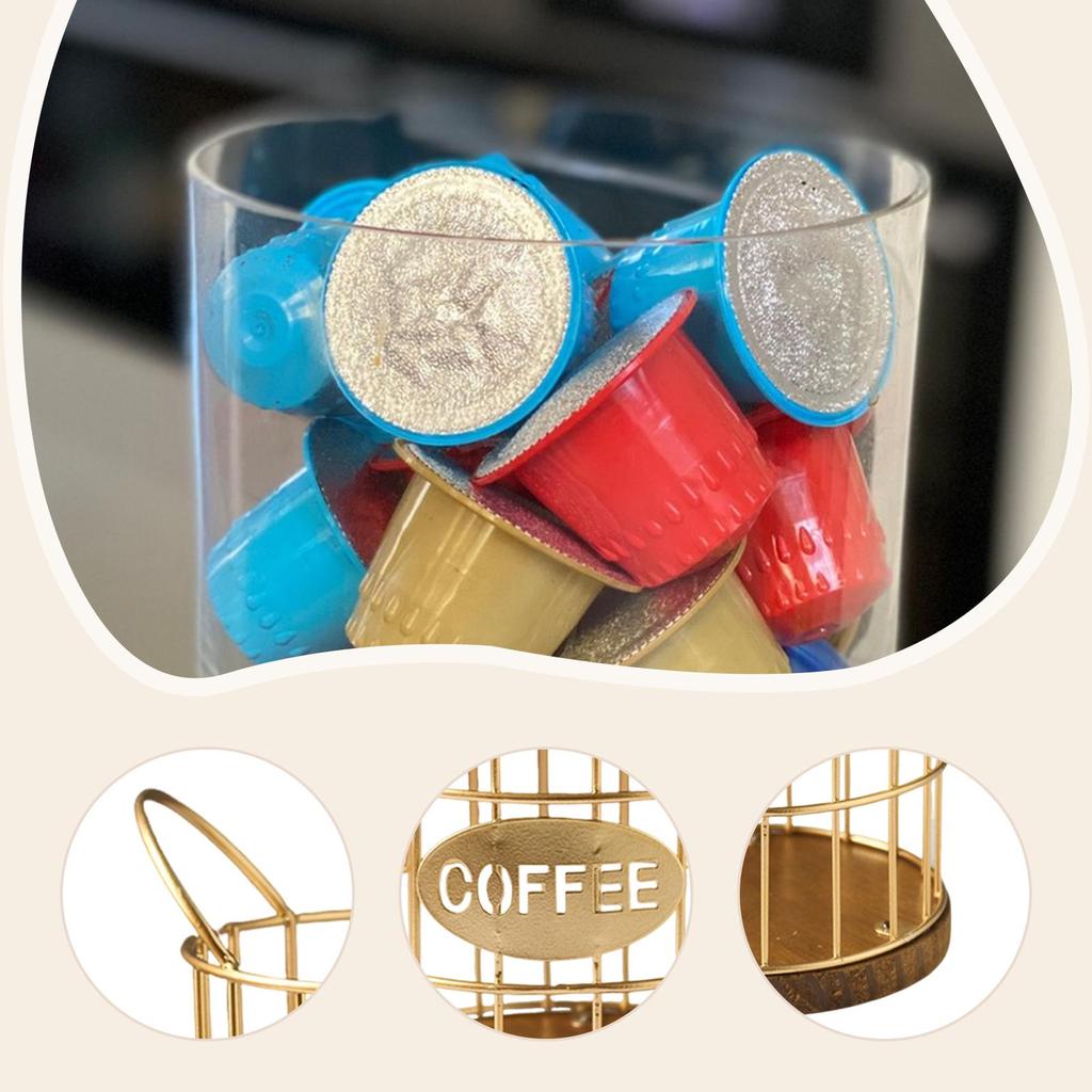 Coffee Pod Holder Coffee Pod Storage Basket Multifunctional Accessory , Golden for Coffee Lover Rustic Pod Container Wood Base