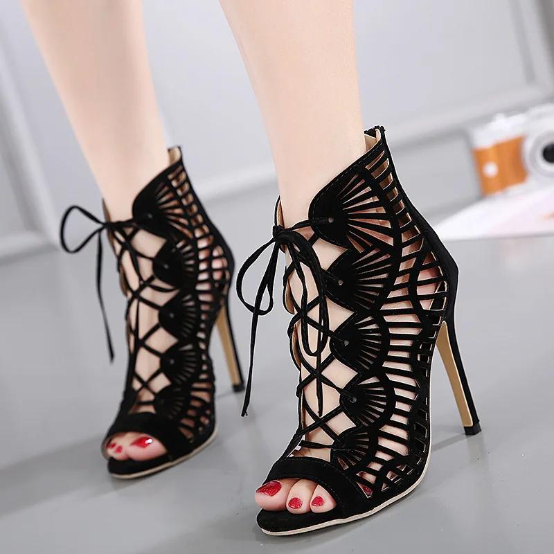 Gladiator Roman Summer Sandals Cross-tied Boots Women New Sexy Hollow Peep Toe High Heels Shoes Woman Stiletto 2025 Jkm