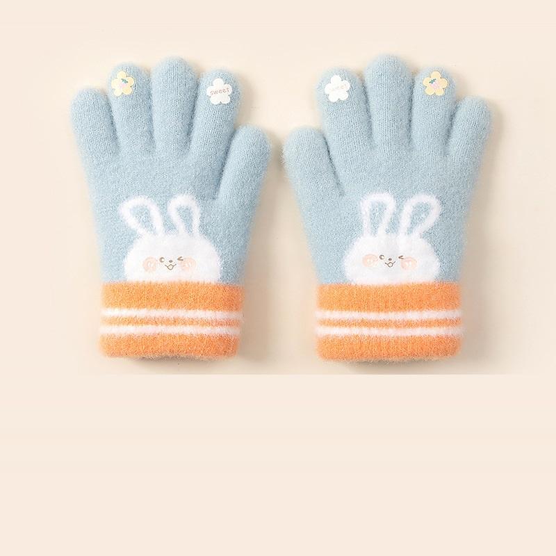 5 Colors Winter Kindergarden Kids Five-Finger Cartoon Knitted Gloves Girls Warm Thickened Plush Gloves Cute Bunny Gloves 3-5Y