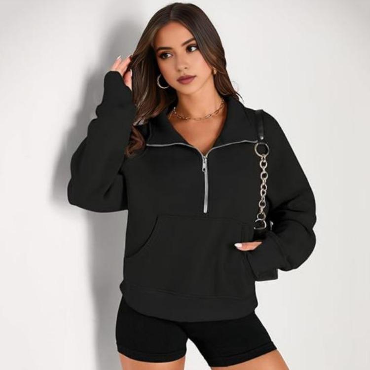 Thick Fall Winter Sweatshirt Casual Sport Top Loose Elastic Cuff Long Sleeves Half Zipper Turn Down Collar Big Pocket Pure Color Daily Wear