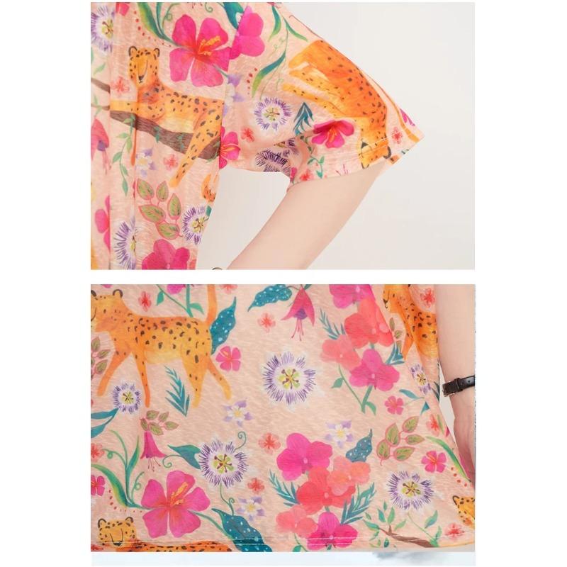 DIMANAF 2026 Plus Size Summer Beach Women Tees T-Shirts Casual Lady Tops Tunic Shirt Oversize Loose Floral Print Knitted