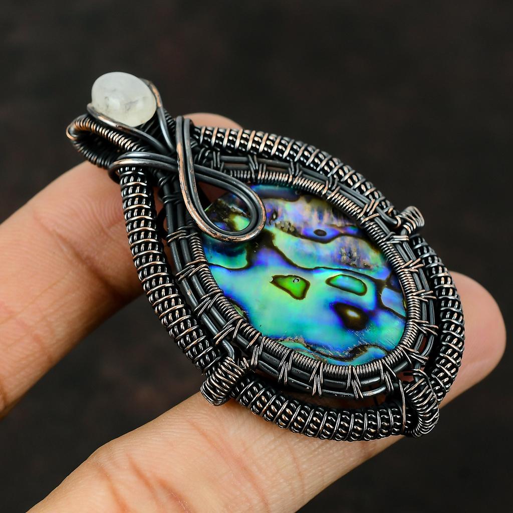 Abalone Shell Pendant Copper Wire Wrapped Pendant Gemstone Jewelry Handmade Pendant Gifts For Her Copper Jewelry Rainbow Moonstone Pendant