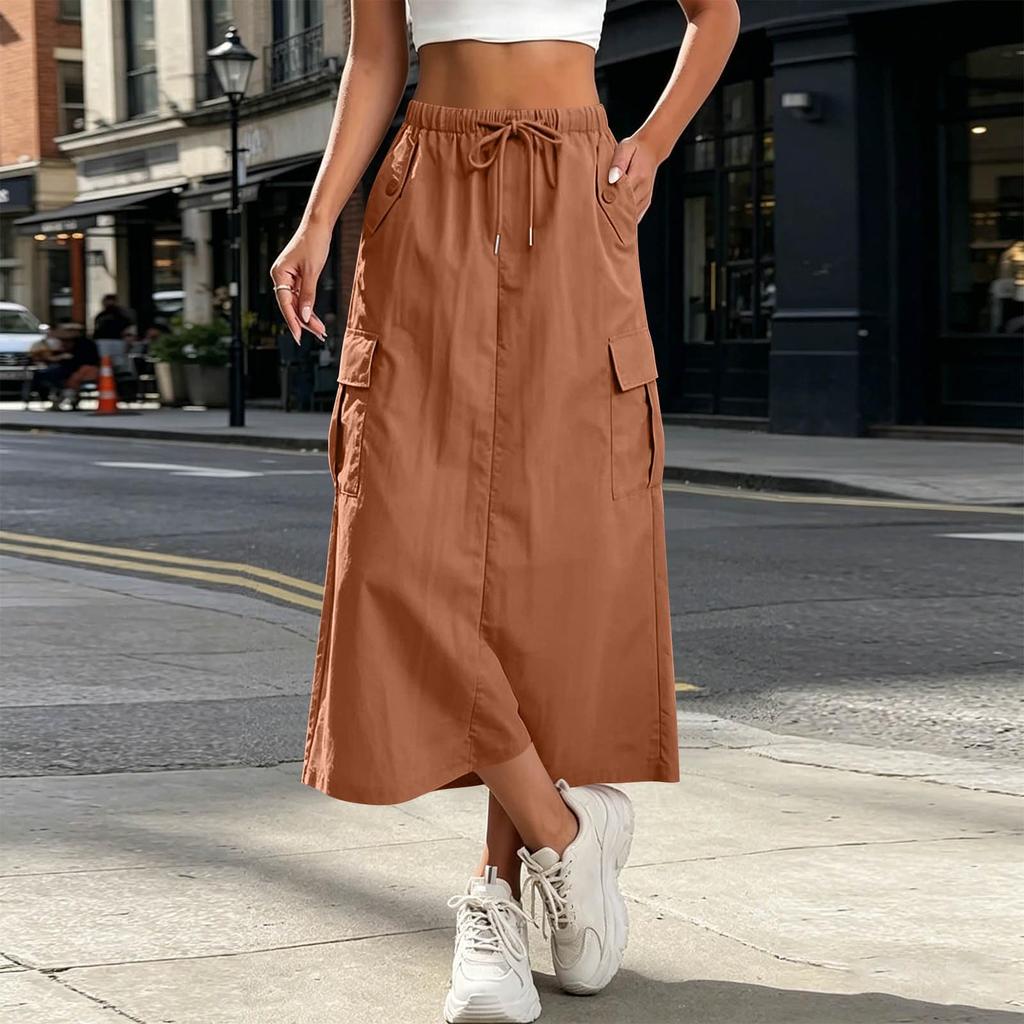Women's High Waisted Cargo Skirt with Elastic Waist, Pockets and Slit, Color Casual Skirt for Everyday Wear