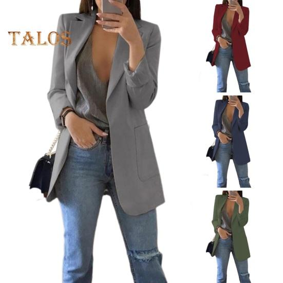 Women Suit Coat Lapel Long Sleeve Open Front Suit Jacket Solid Color Big Pockets Commuting Style Casual Business Outwear
