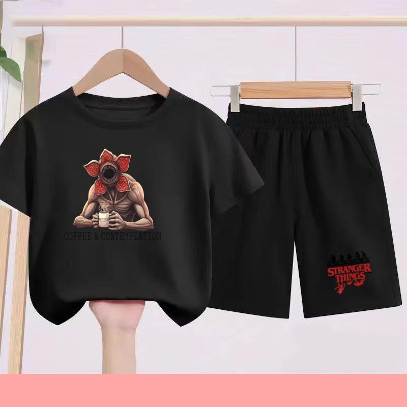 Children's Summer Set with Cartoon Monster Patterns - Boys' and Girls' Sports T-shirts and Casual Short-sleeved Shorts Sets