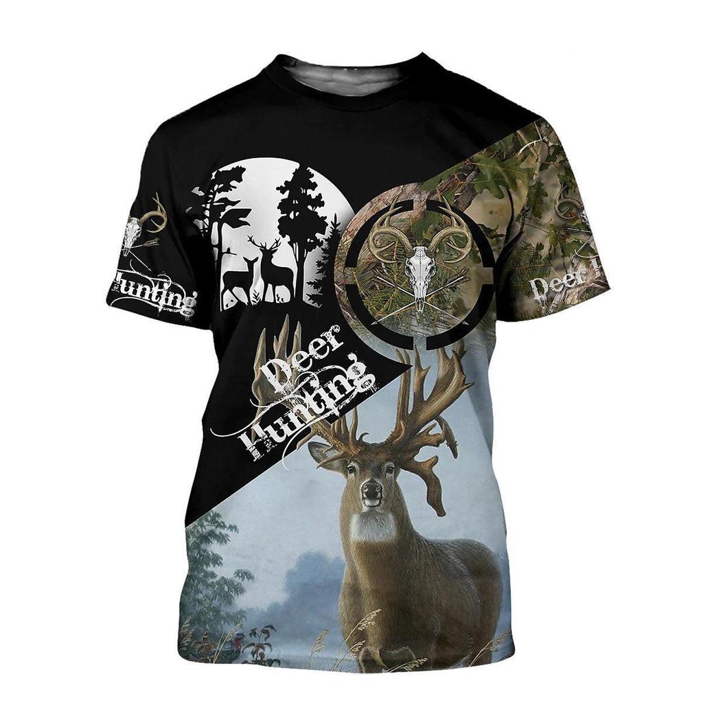 Deer 3D Printed Short Sleeved T-shirt Summer Breathable Polyester Simple Round Neck Top