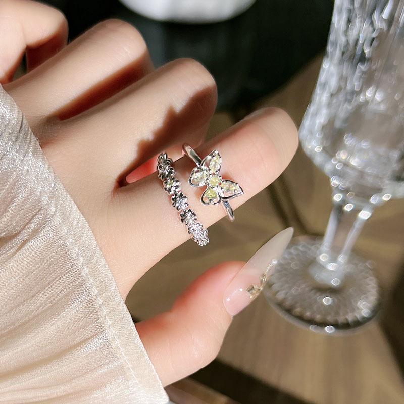 Niche summer atmosphere simple daily sweet yellow diamond butterfly opening ring women's fashion cold wind ring tide