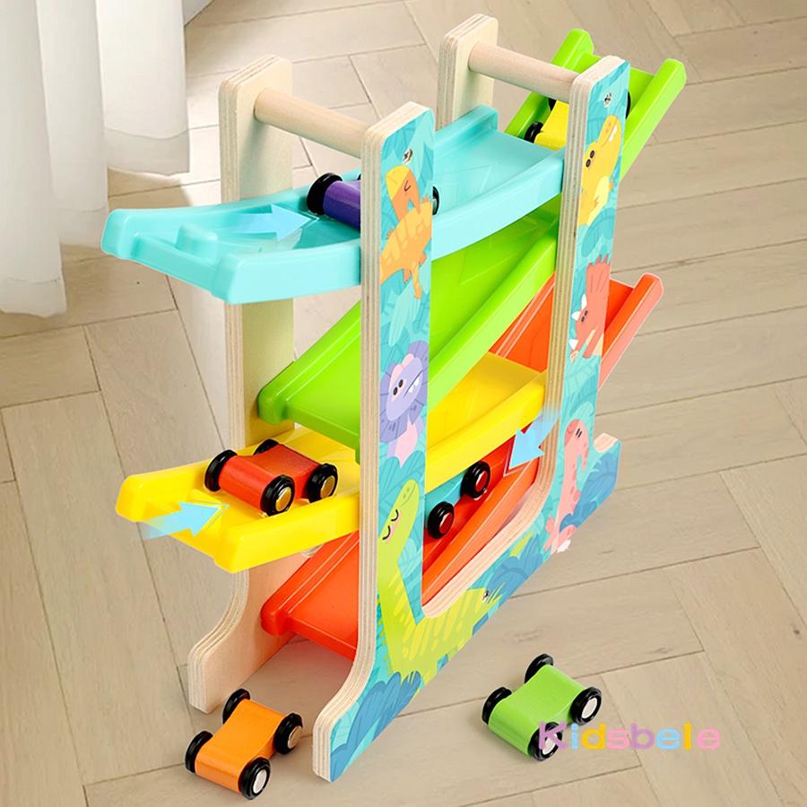 Montessori Multicolor 4-Track Car Ramp Toy with 6 Mini Cars Christmas Gift Party Presents Toddlers Wooden Fine Motor Puzzle Toy