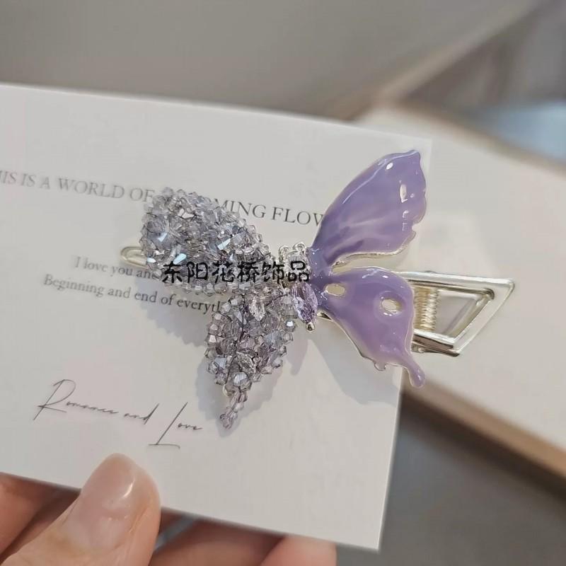 Purple Butterfly Crystal Hair Clip Women Elegant Spring-Loaded Claw Lightweight Luxury Accessory Light Purple