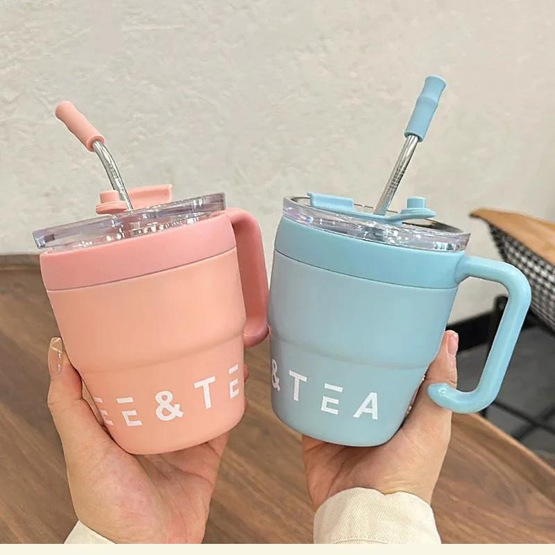 Straw Covered Coffee Cup 480ml Stainless Steel Insulated Cup Hot Beverage Cup Milk Cup Afternoon Tea Cup Office Portable Bottle