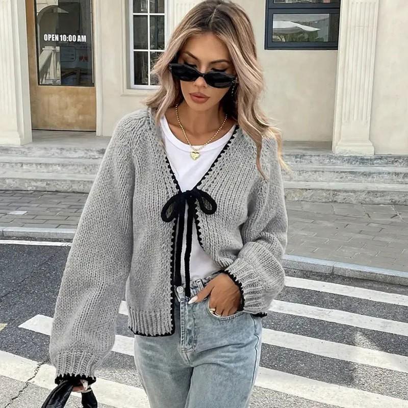 Womens Long Sleeve Knit Cardigan Contrast Trim Tie Front V Neck Sweater Fall