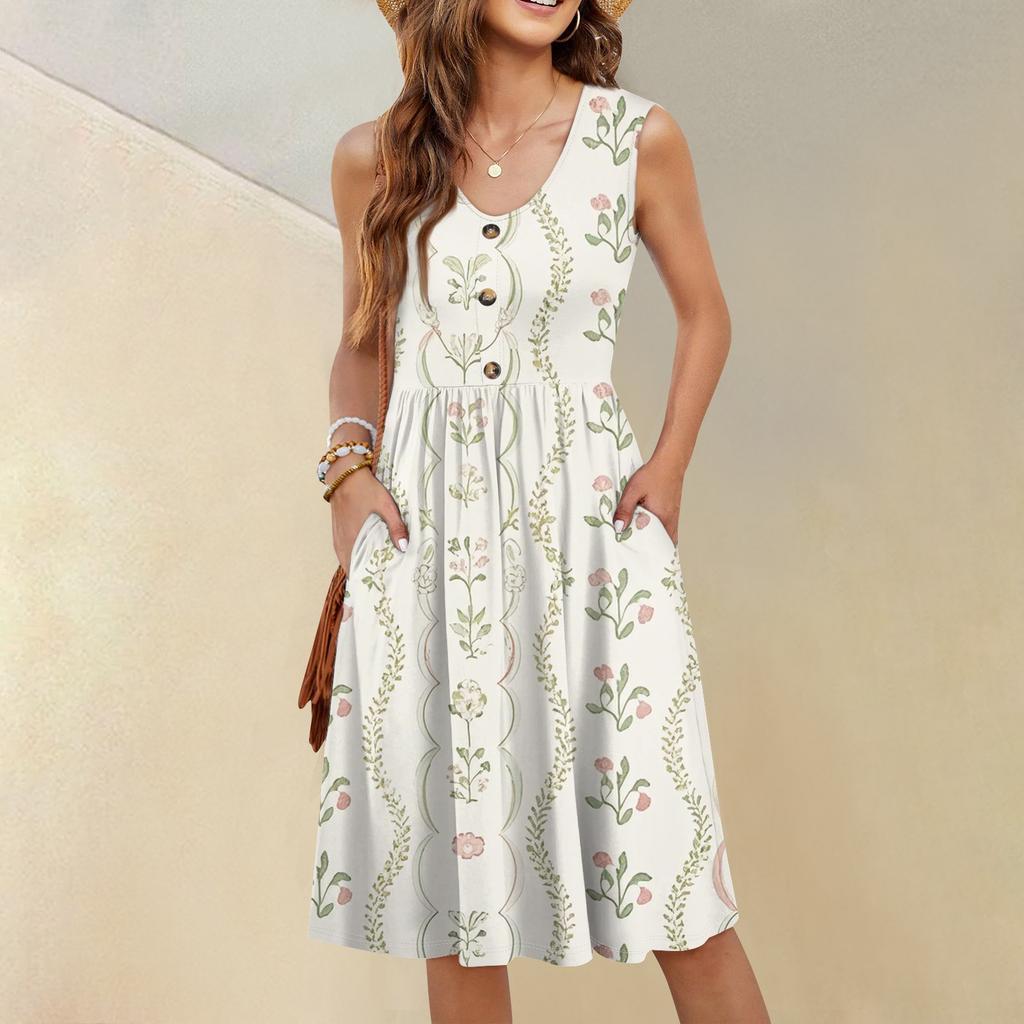Women's Casual Fashion Sexy V-neck Button Decoration Sleeveless Beach Printed Boutonniere Dress