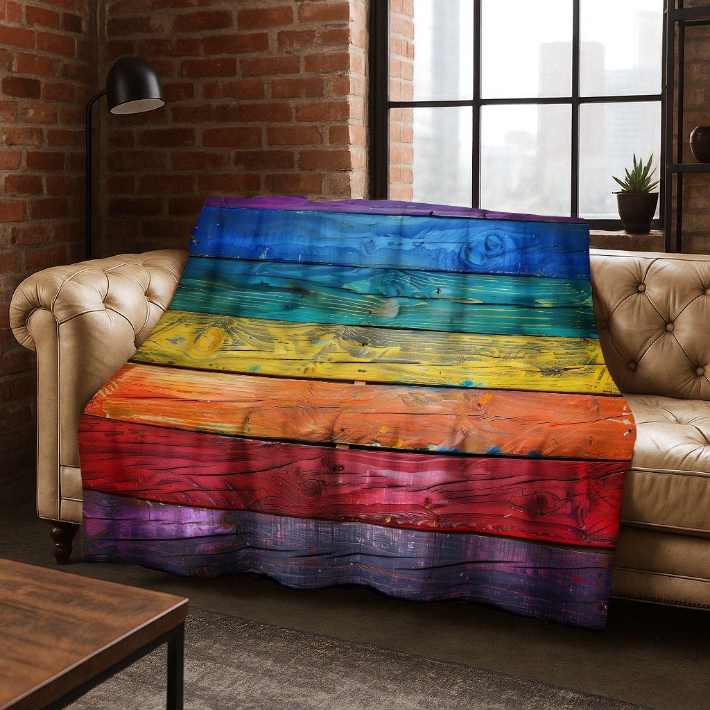 Regenboog Retro Houten Bord Zwart Bruin Houtnerf Flanellen Deken, Gezellige Zachte Plaid voor Huis Slaapkamer Bed Bankhoes Cadeau