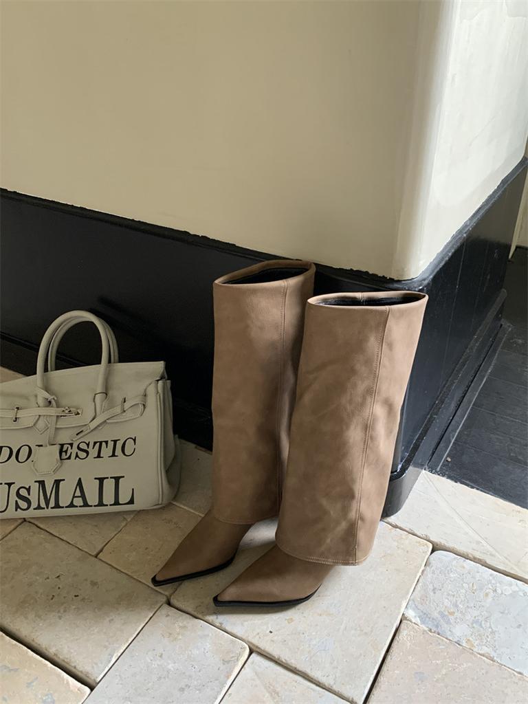 High-heeled Pointed Brown Maillard Trousers Medium Boots Women's Shoes 2025 New Spring and Autumn Winter Long Tube Knight Boots