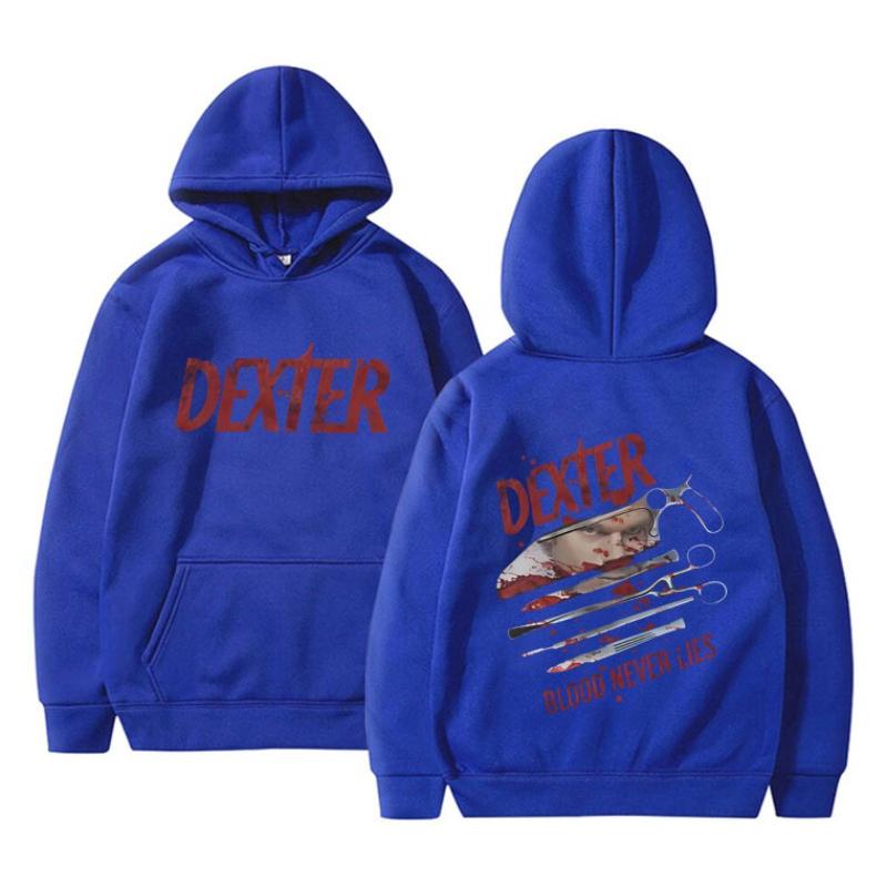 Felpa con cappuccio unisex Dexter Blood Never Lies, pullover con grafica personaggio serie TV, felpa con cappuccio, stampa fronte e retro, manica lunga casual, streetwear