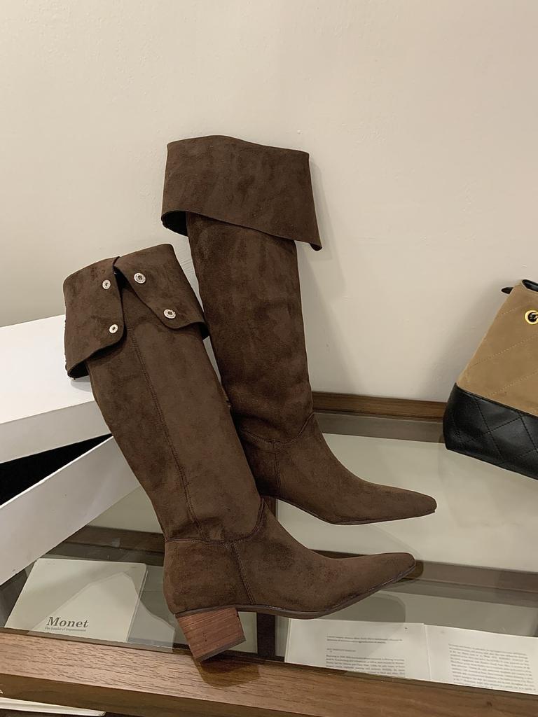 Retro thick-heeled elastic thin boots, new thin thick-heeled tall over-the-knee suede stacked women in autumn and winter 2025
