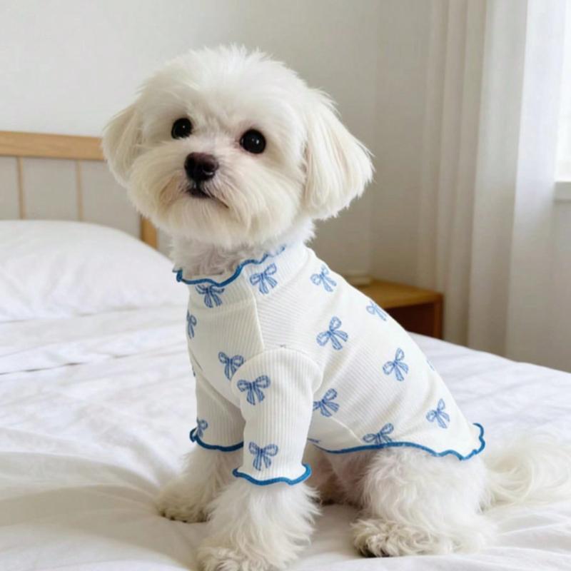 1pc Pet Dog/Cat Clothing, Allover Print with Pink Bow Tie, Breathable & Comfortable Knit Sweater, Suitable for Poodle, Chihuahua, Teddy, Spring/Autumn