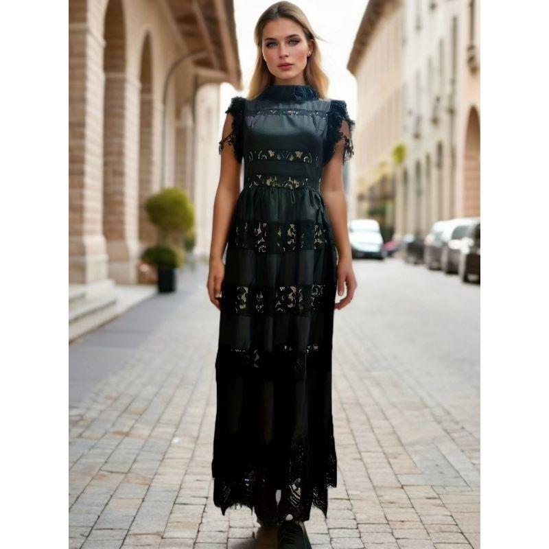 

Fashion Style Fashion Elegant Hot Sale Long Sleeves Dress Lace Patchwork Socialite Elegant Slimming Midi Dress Children Black S