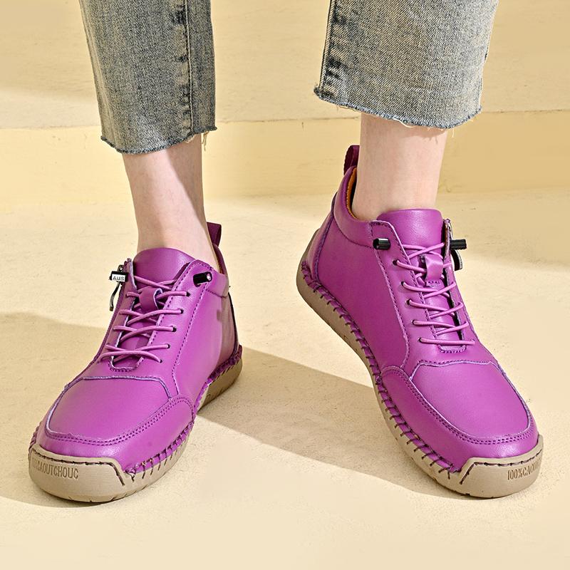 Women's Sneakers Round Toe Leather Shoes Fashion Casual Solid Color Zipper Boots