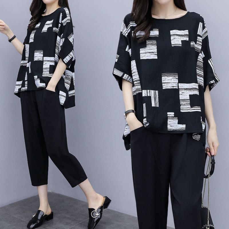 Plus Size Plus Size Women's Short-sleeved Fashionable Suit To Cover Belly Fat Mm Loose Slimming Two-piece Set