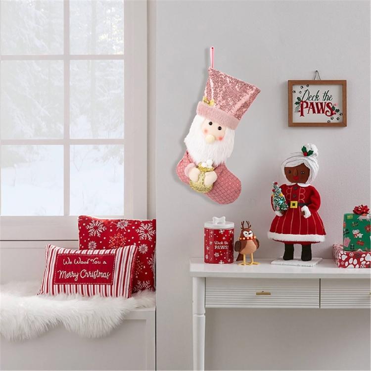 Sophisticated European Pink Sequins Christmas Stocking Festival Pink Christmas Stocking with Spacious Gift Holders