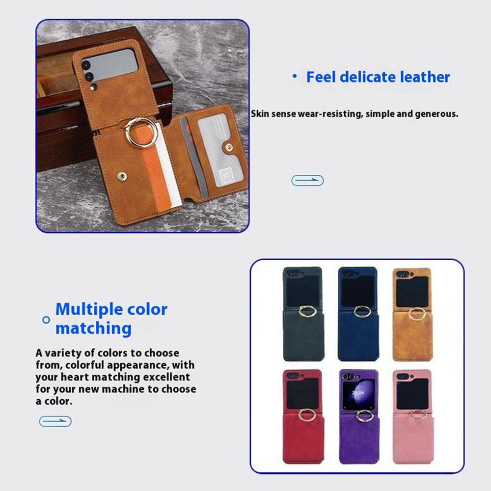 For Samsung Galaxy Z Flip5 5G Case Card Holder Leather+PC Phone Cover with Finger Ring