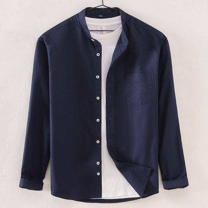 Solid Color Stand-up Oxford 100% Cotton Longsleeve Shirt for Men Korean Clothes Mens Fashion Clothing Trends Button Up Shirt