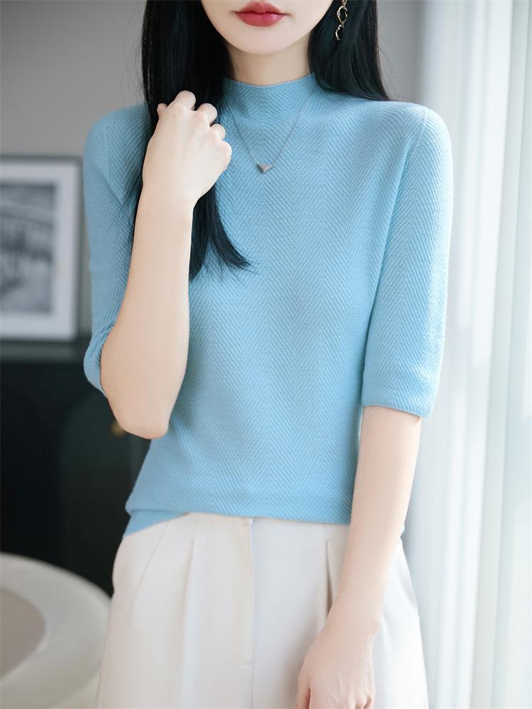 Yangzi 100% Wool Half-High Neck Knit Top, Women's Five-Point Sleeve Sweater - Early Autumn 2026
