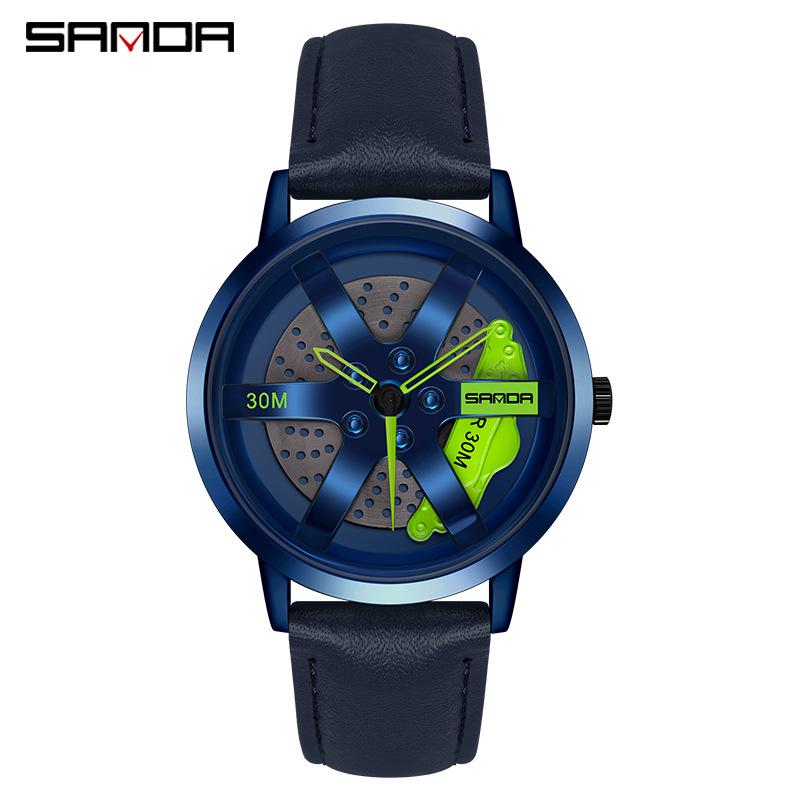 Sanda Cool Men's 3D Hollow Car Wheel Leather Strap Quartz Watch