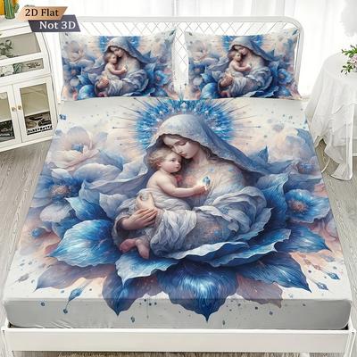 3pcs Holy Virgin Mary Print Coreless Bed Sheet Set Multiple Sizes Bedcovers Bedroom Bedding Decorations Soft Machine Washable