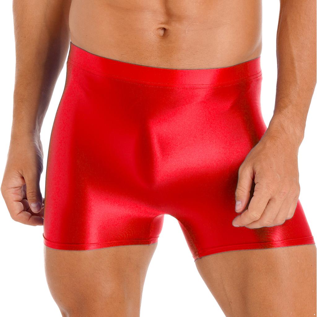 Men Glossy Mid Waist Shorts Elastic Waistband Short Leggings for Yoga Swimwear Sportswear Sleepwear