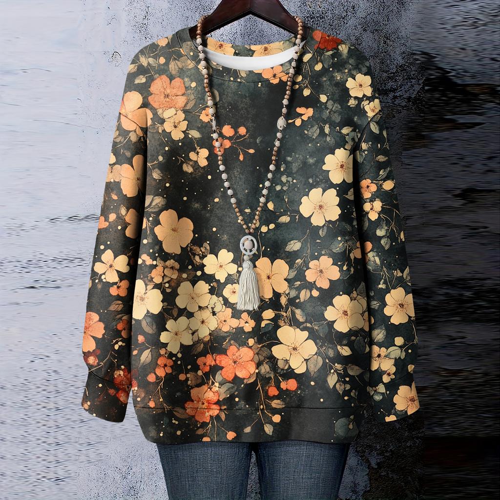 Women's Floral Print Round Neck Long Sleeved T-shirt Sweatshirt Top